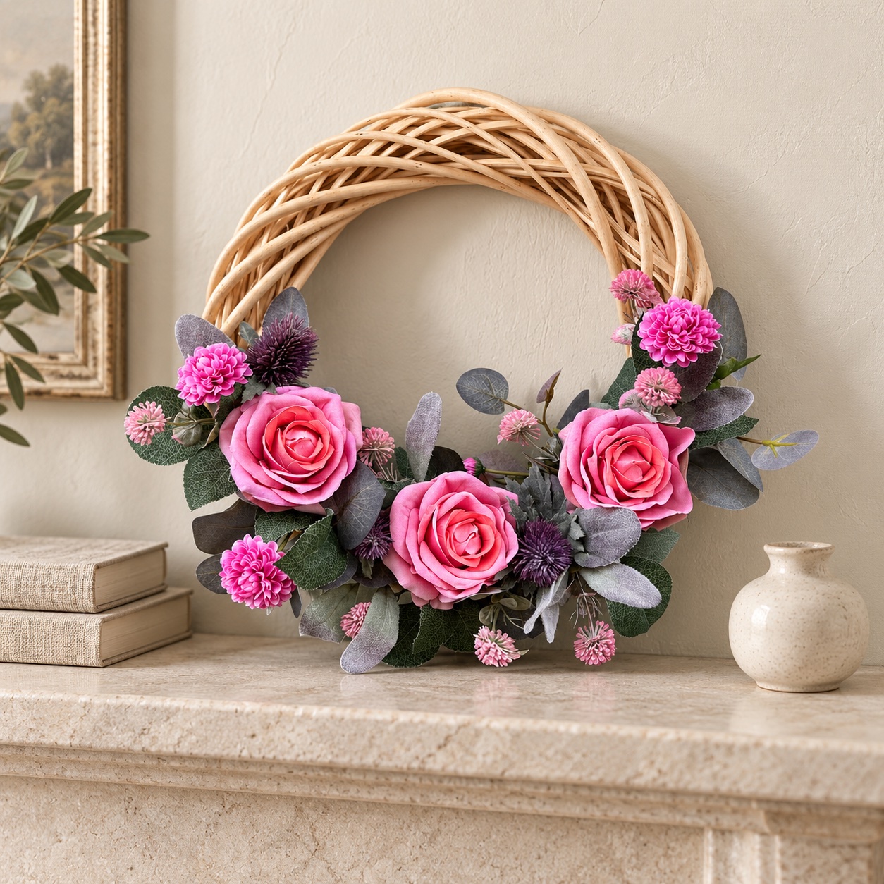 Our pink rose and eucalyptus wreath resting on a stone mantel beside books and a ceramic vase