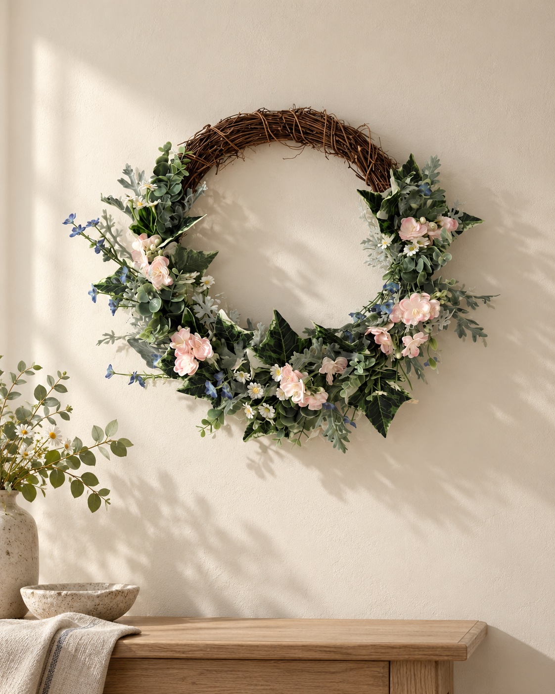 Our pink rose half-moon wreath in a styled ivory interior